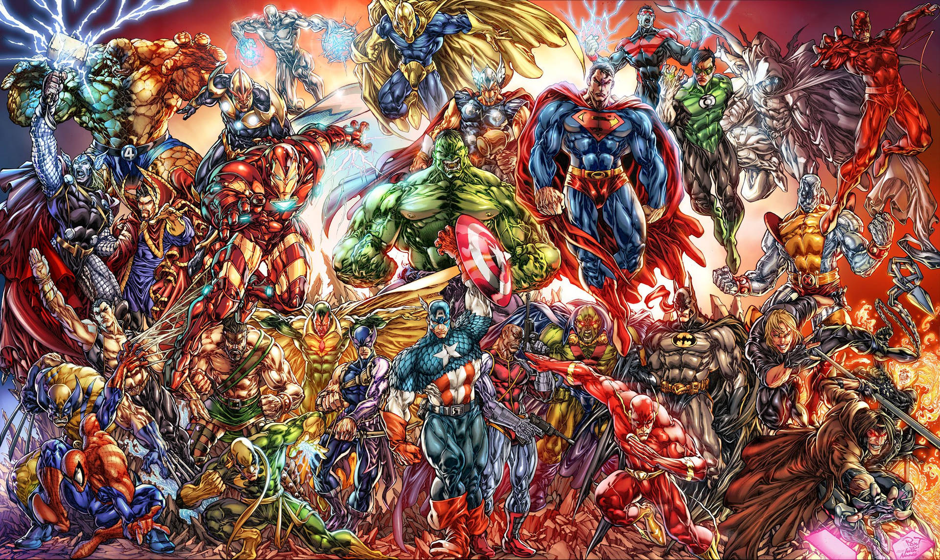 Marvel Comics i lyse farger og glødende tegning.