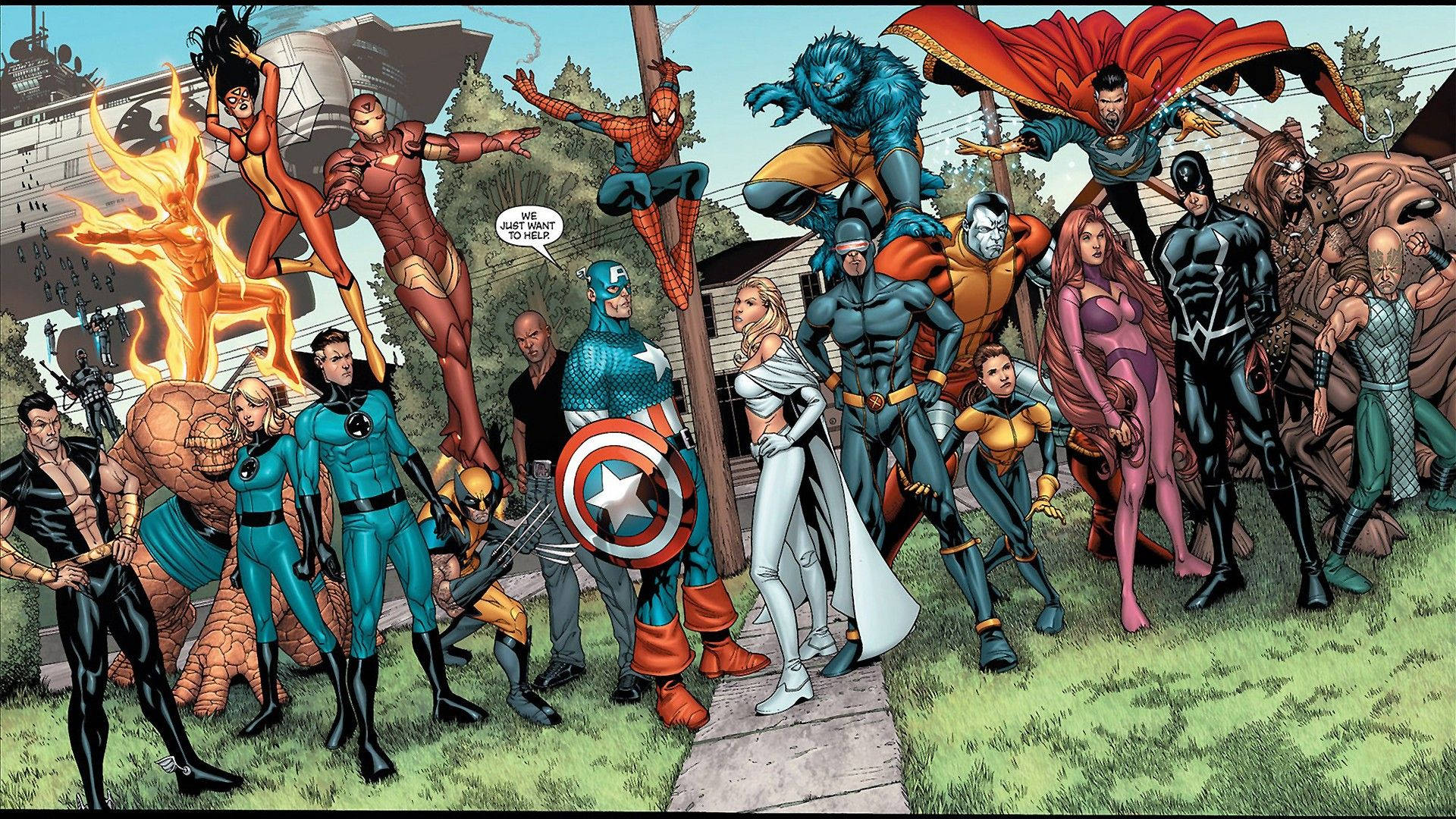 Marvel-superheltkarakterer alle i én bakgrunn.