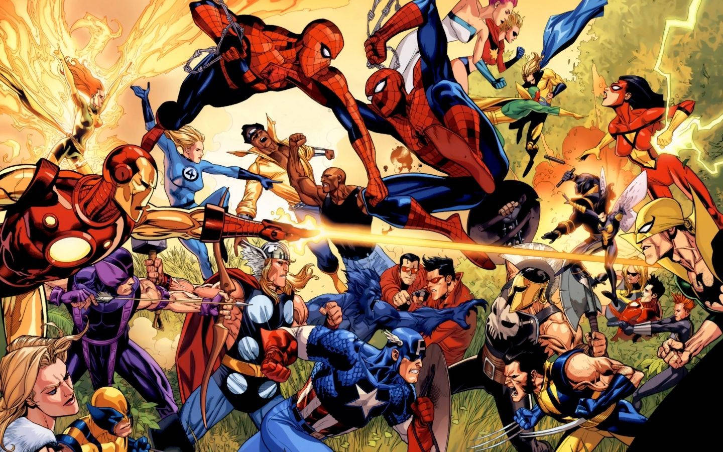 Marvel-superhelter i en tegneseriebakgrunn med skurk.