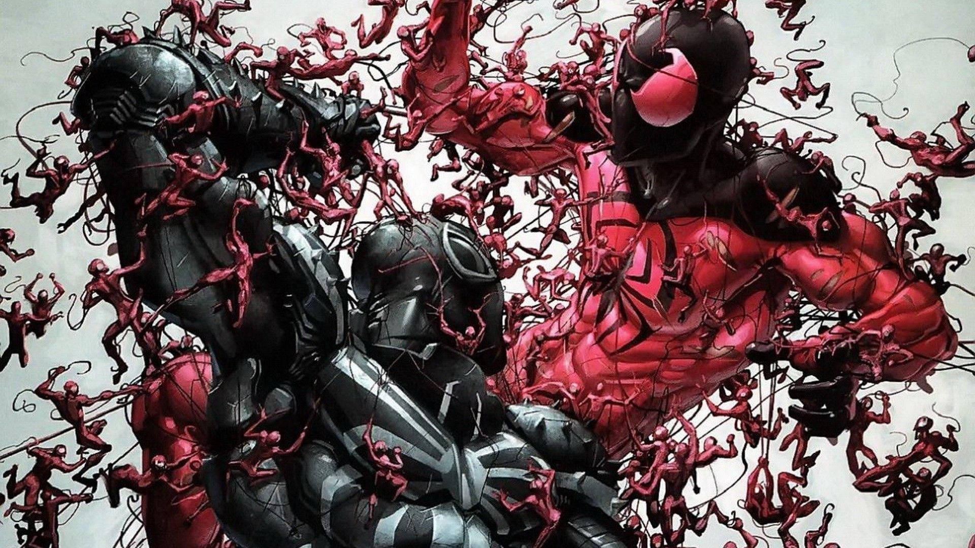 Marvel-superhelten Spiderman rød og svart med små menn.