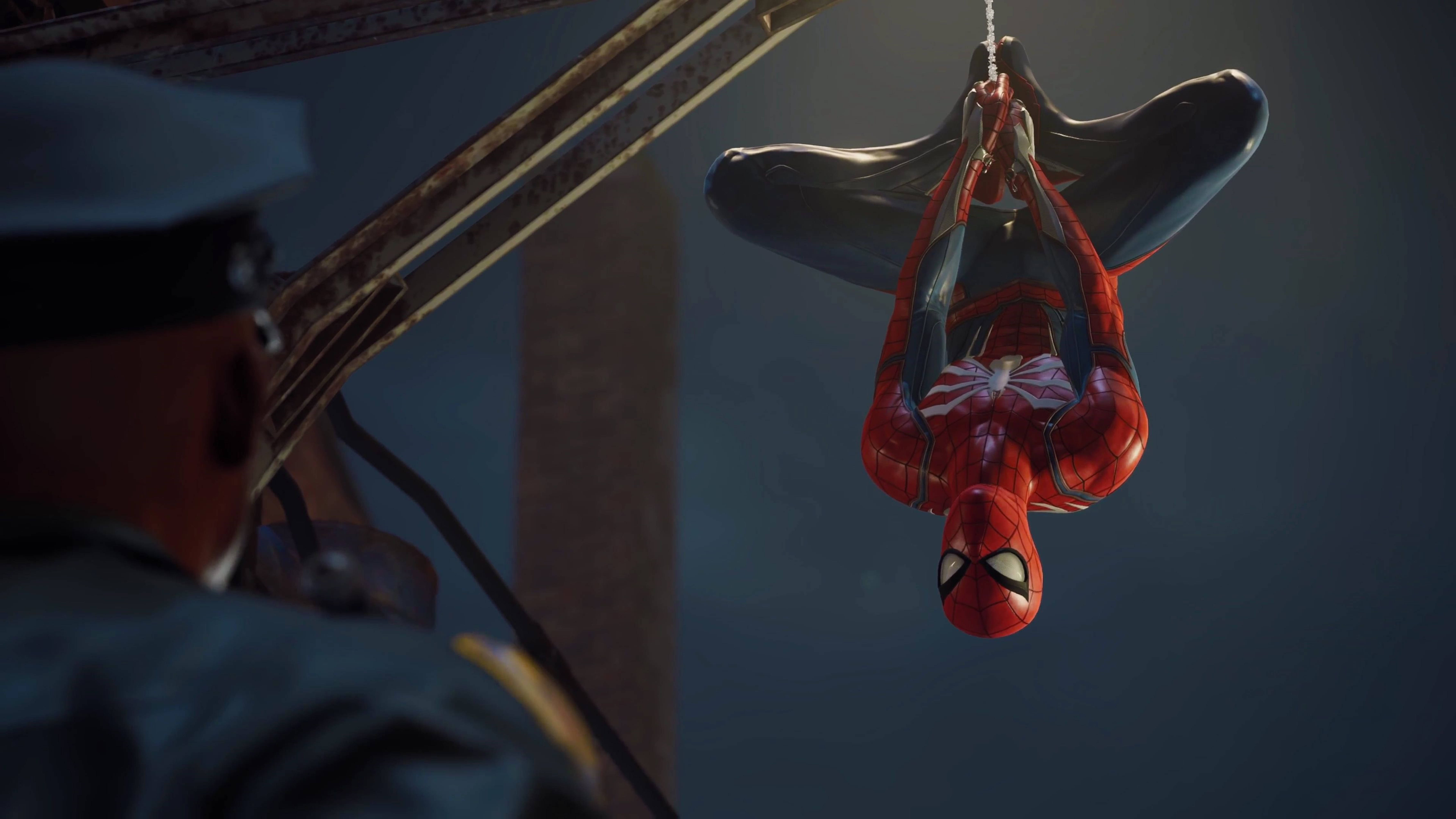Marvel Spiderman Hengende Opp Ned 4K PS4 Bakgrunner