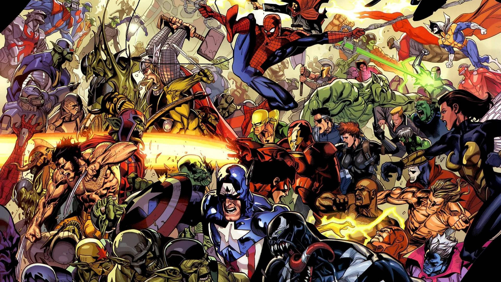 Marvel-superhelter og skurk i én tegneseriebakgrunn.
