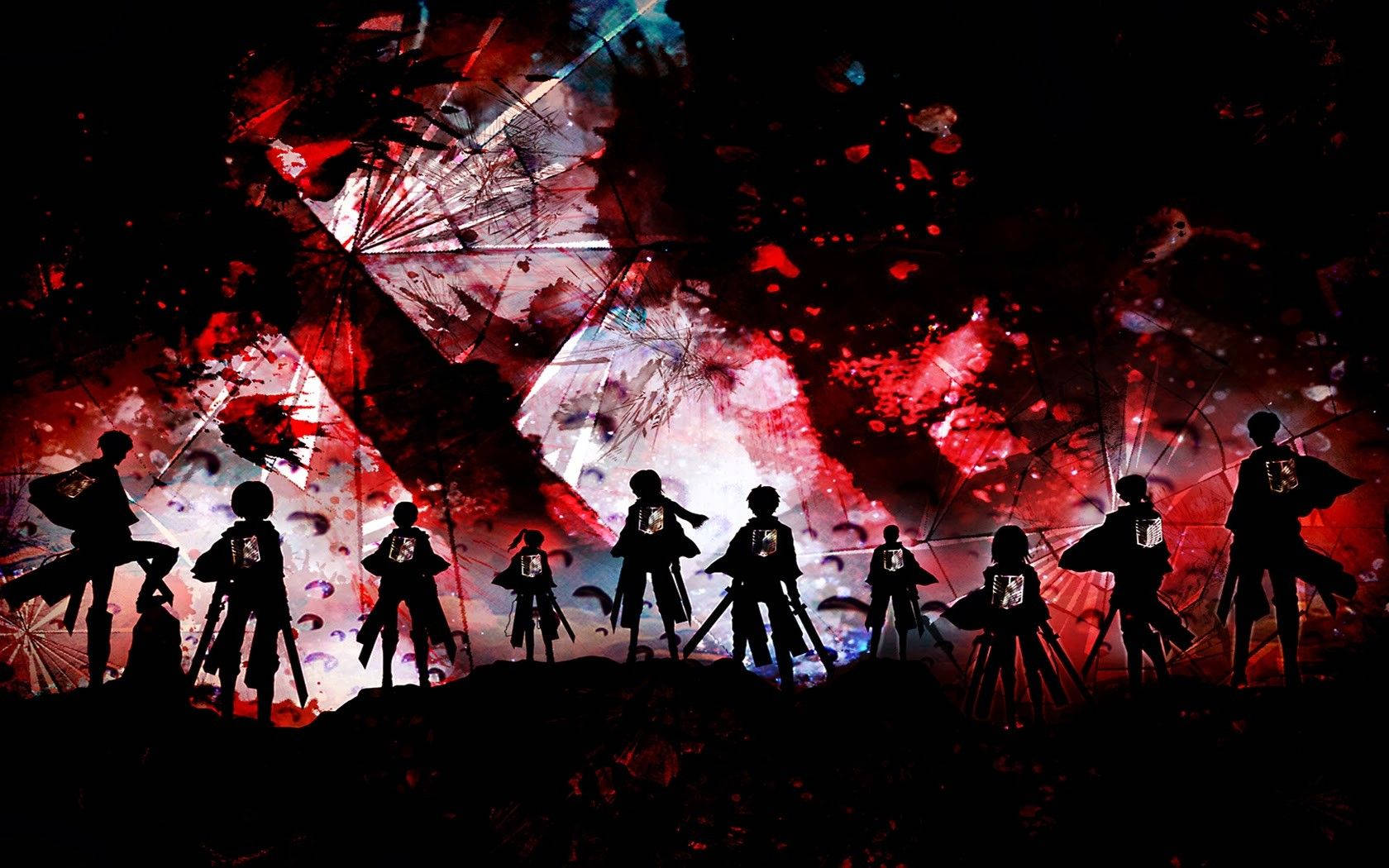 Speiderkorpsets silhuett mot blodig bakgrunn i Attack on Titan-fanart-bakgrunn.