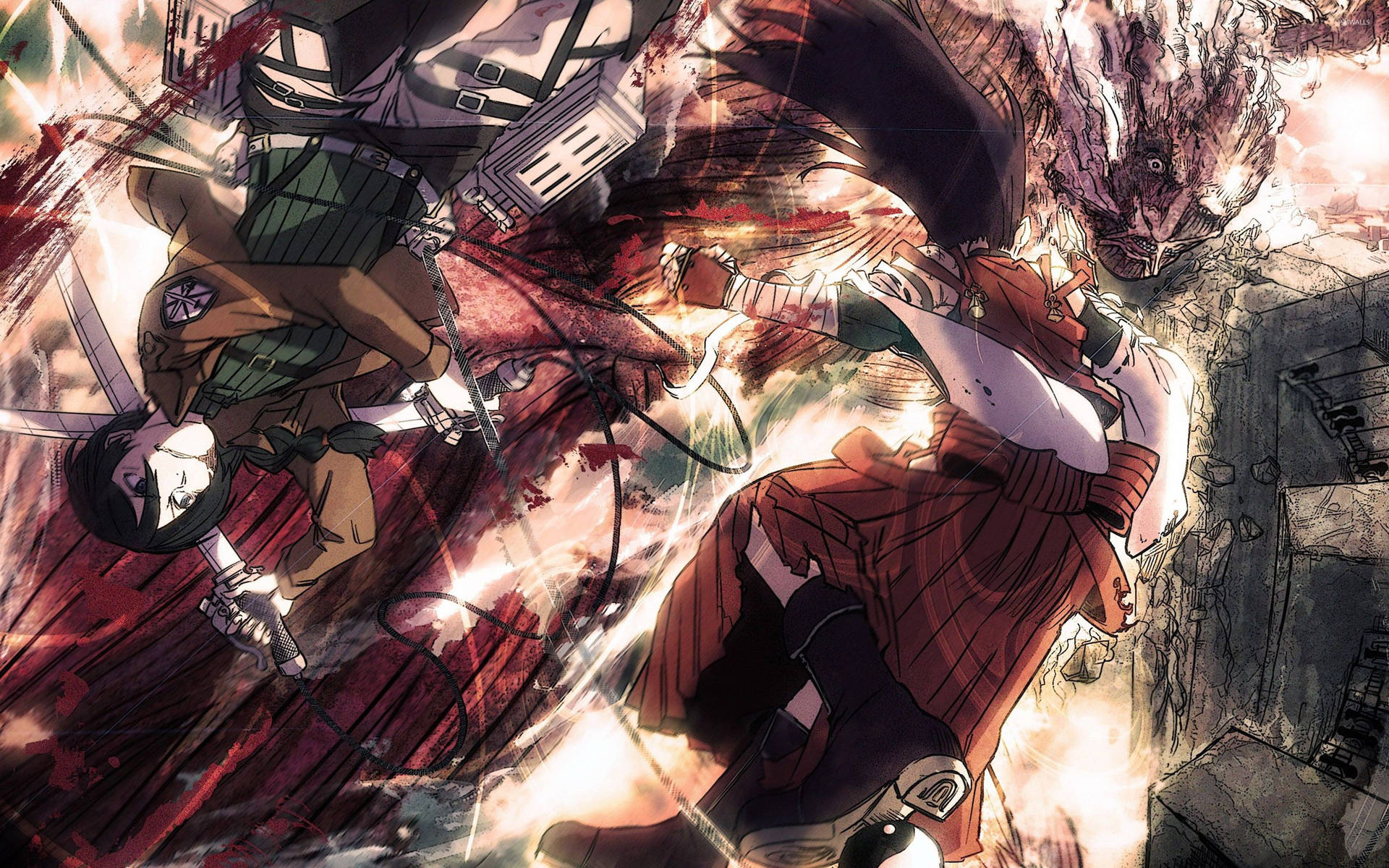 Mikasa Ackerman som kjemper mot den dampende kolossaltitanen i Attack on Titan-fanart-bakgrunn.