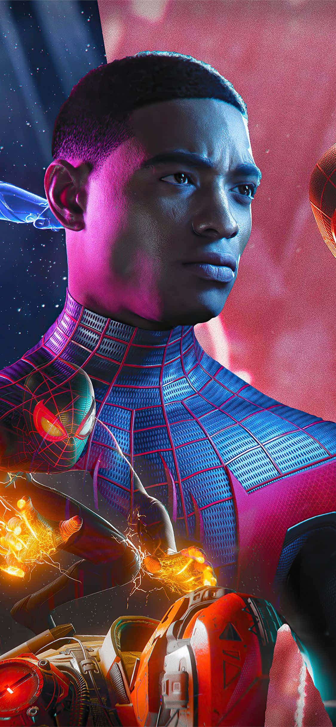 Miles Morales fra den kritikerroste Marvel's Spider-Man: Into the Spider-Verse omgitt av gnister av elektrisitet mot en bybakgrunn Bakgrunner