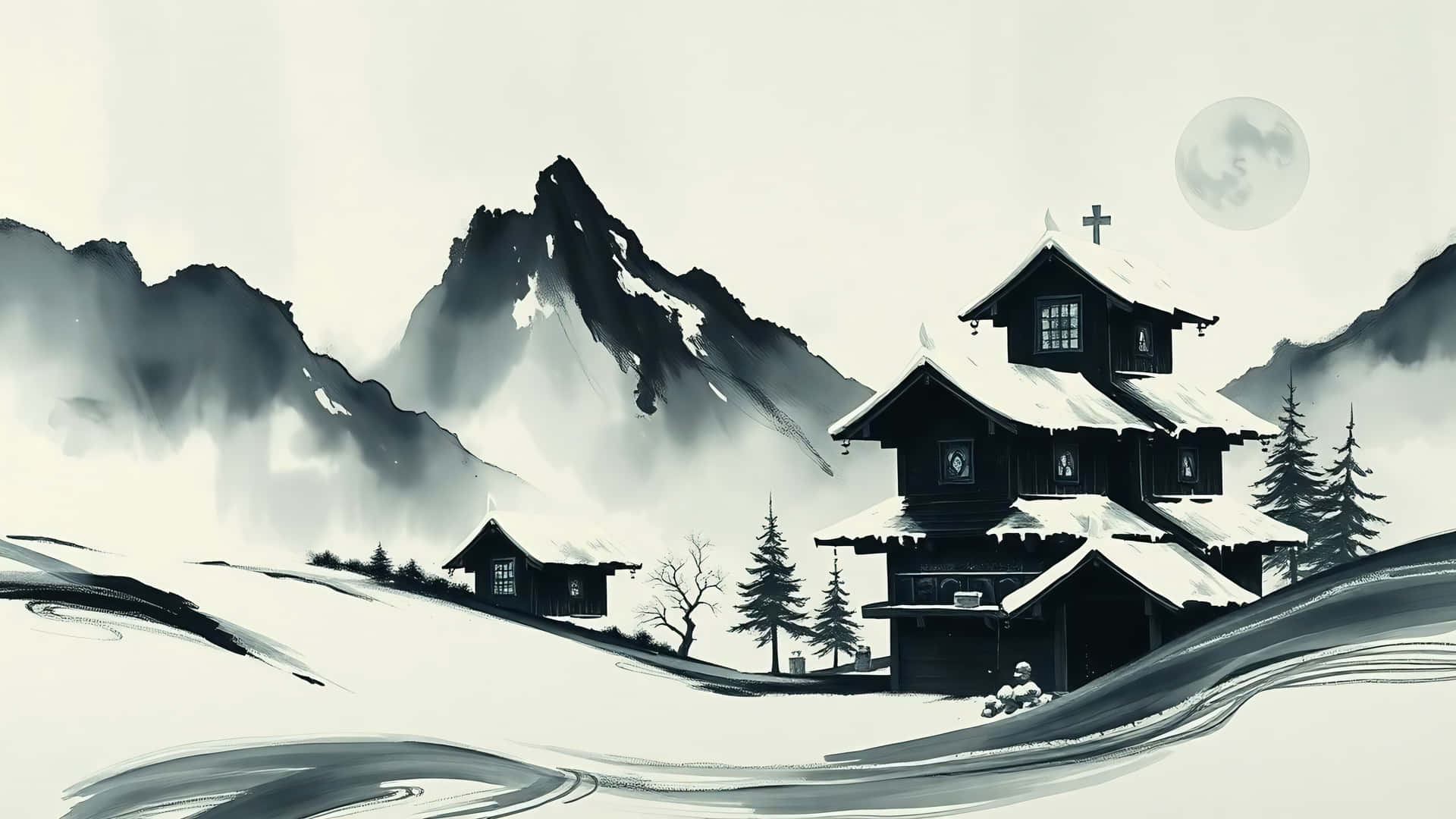 4k minimalistisk, estetisk, abstrakt, monokromt, landskap, skrivebord 4k, skrivebord, zen, rolig, mørk estetikk, vinter, hytte — Mørk estetikk GIF Bakgrunner
