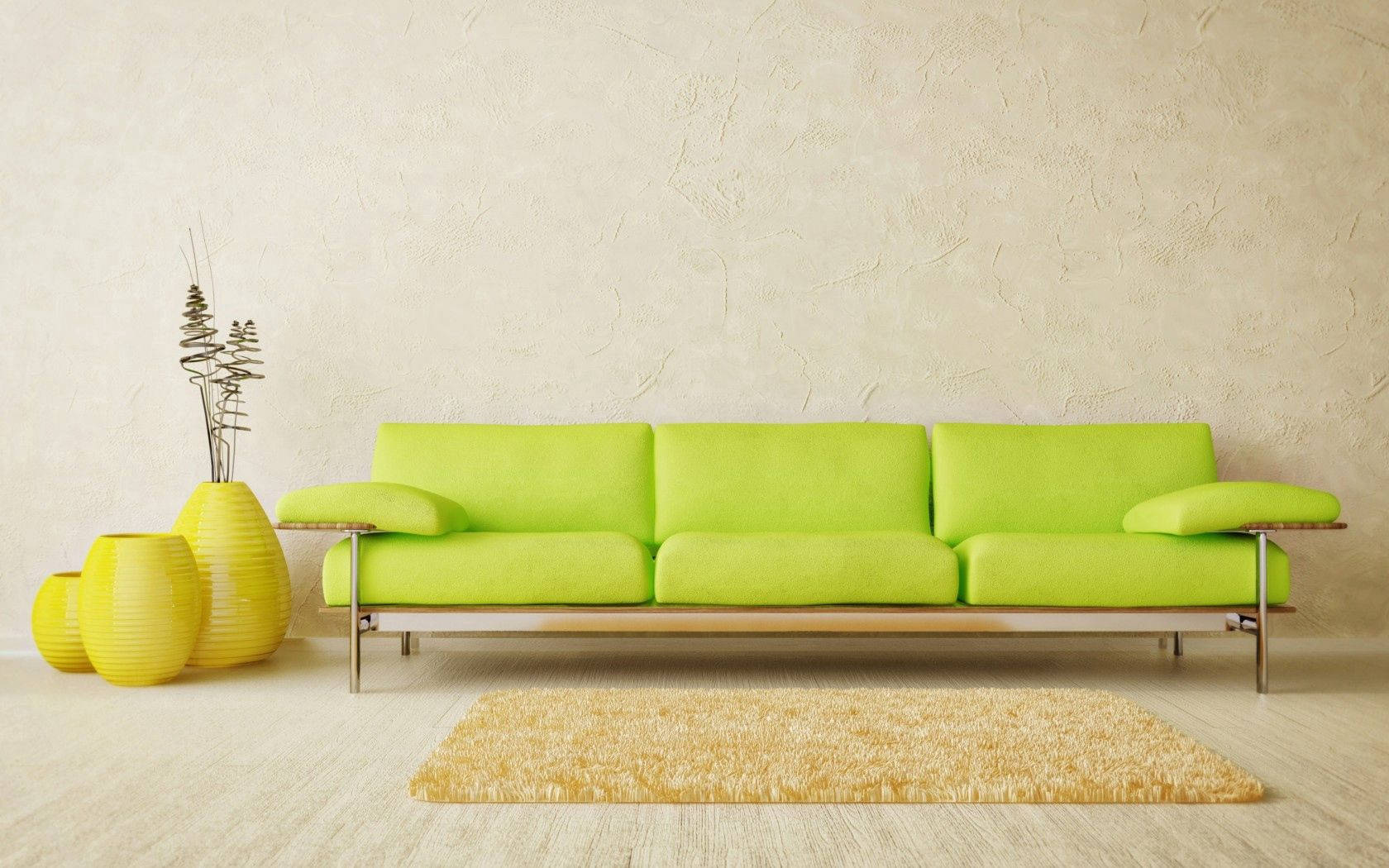 Minimalistisk interiørdesign bakgrunn av lysegrønn sofa og gul vase inne i et rom
