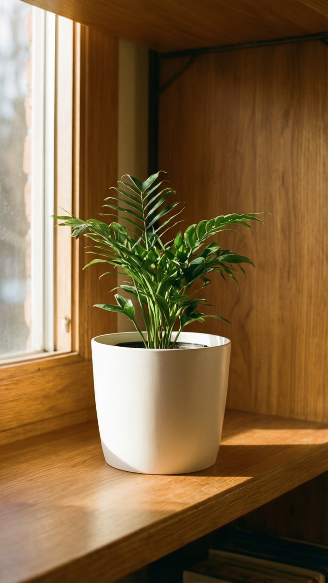 En søt minimalistisk plante på en hylle med sollys. — Søt estetisk GIF Bakgrunner