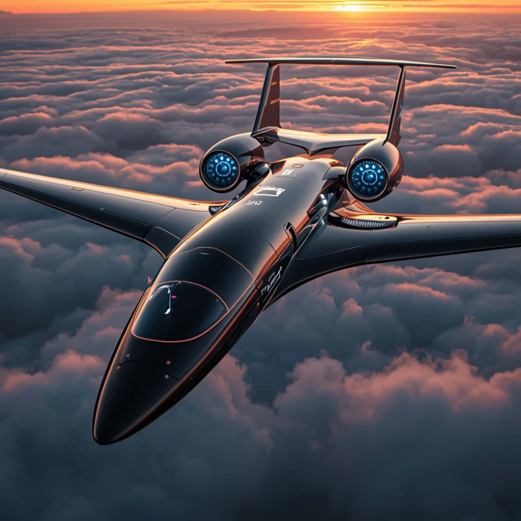 Moderne forretningsjet over skyene i solnedgang med dramatisk himmel Bakgrunner