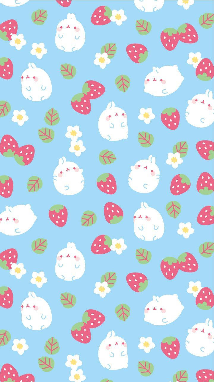 Molang og jordbær kawaii-bakgrunn.
