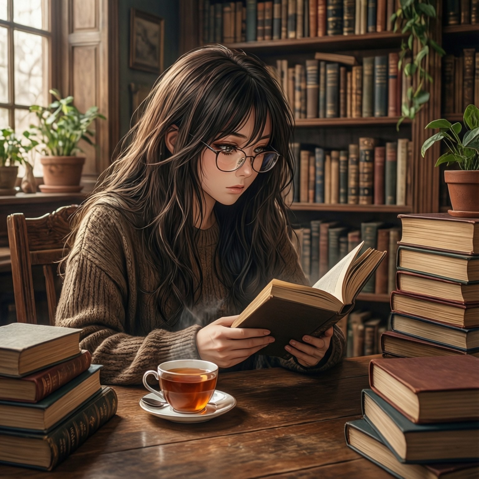 Monika leser på biblioteket Bakgrunner