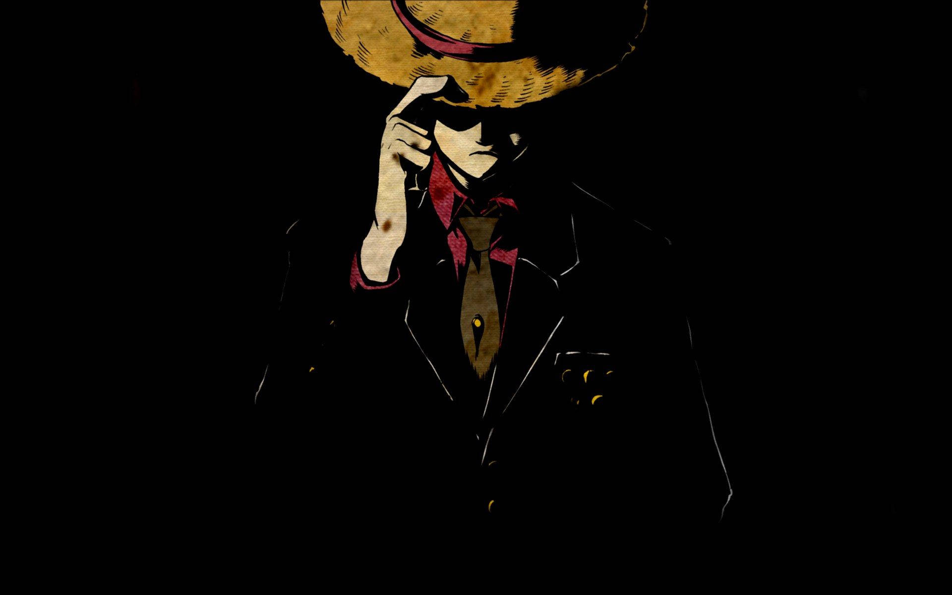 One Piece Luffy iført stråhatt og svart dress bakgrunnsbilde.