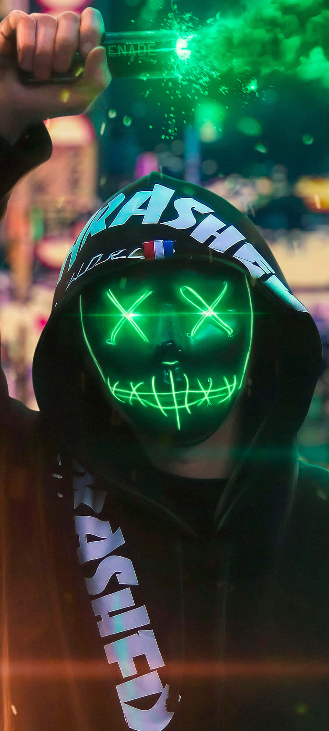 Mystisk neonmaskert mann innhyllet i grønn røyk Bakgrunner