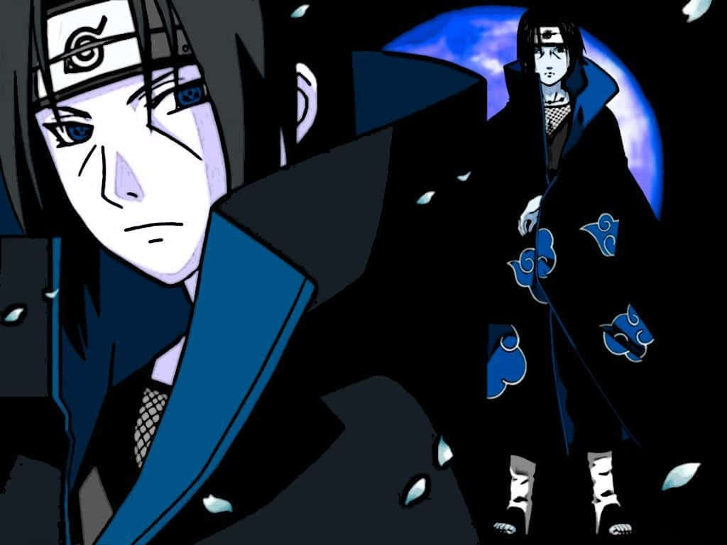 Nærbilde og stående Itachi estetisk med blå sharingan-øyne og Akatsuki-skykåpe Bakgrunner
