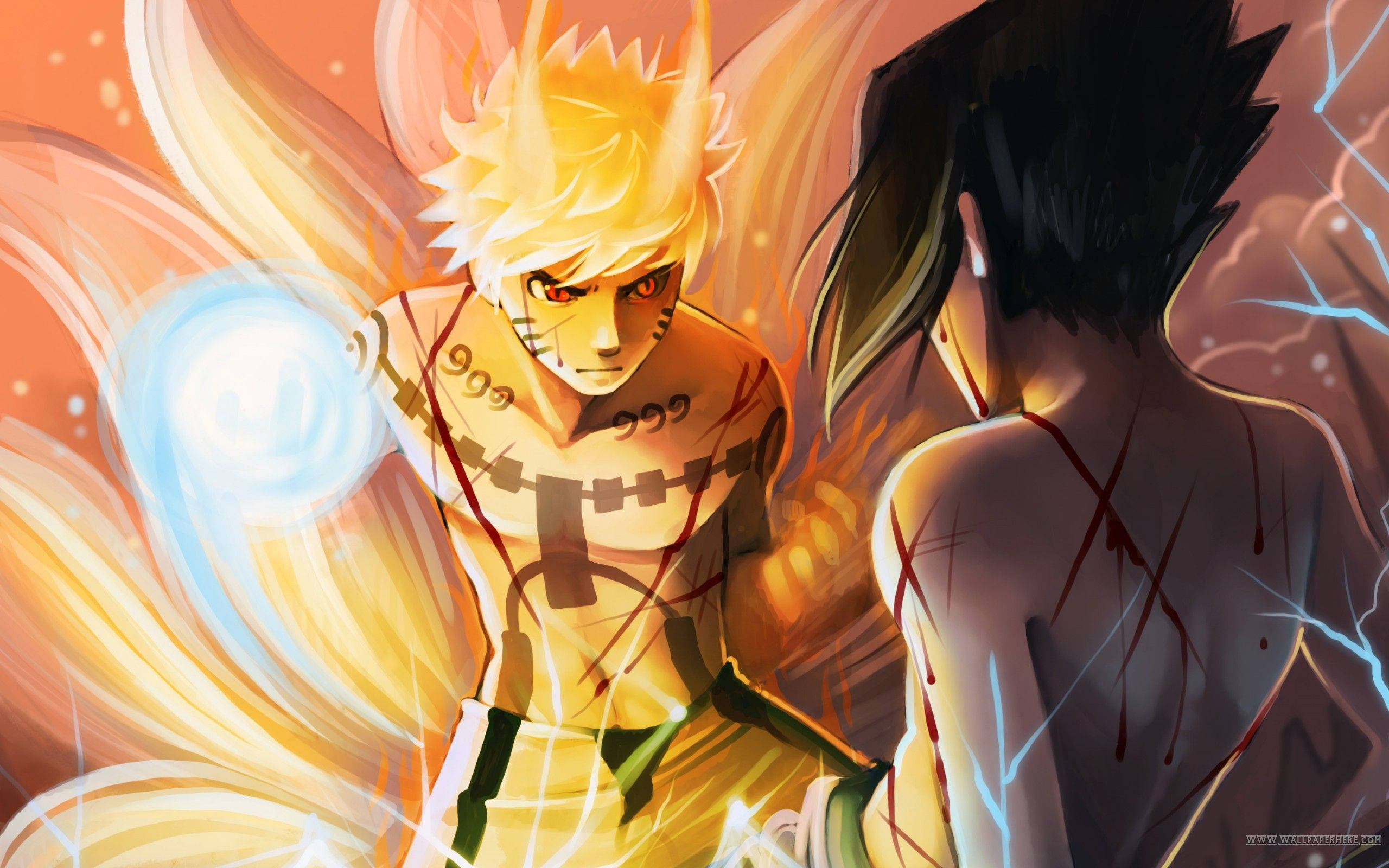 Naruto med ni haler og Sasuke i kamp Bakgrunner
