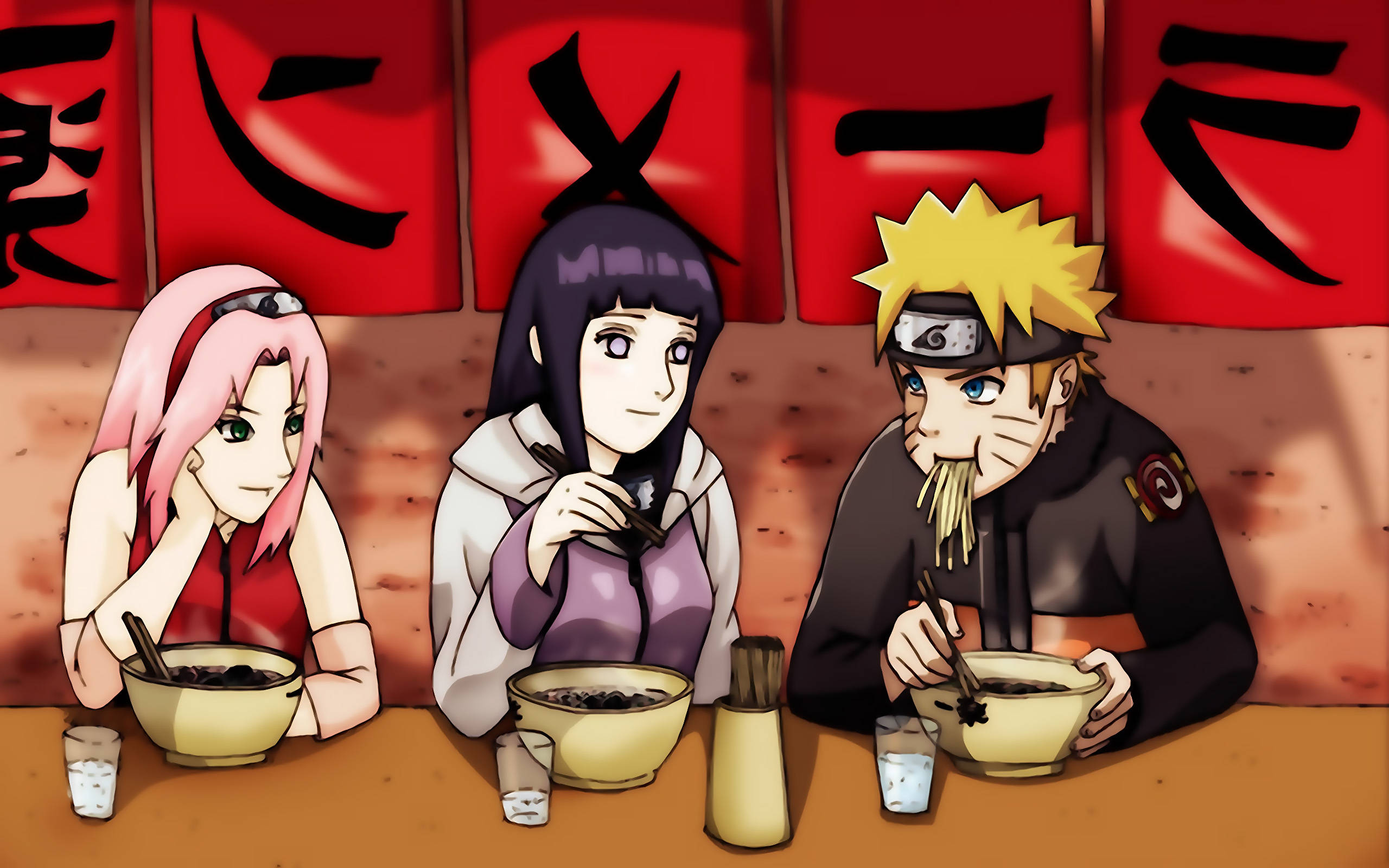 Naruto og Hinata med Sakura som spiser ramen Bakgrunner