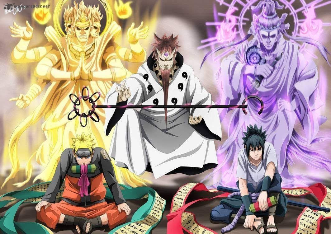 Naruto Uzumaki og Sasuke Uchiha trener med chakra i løvlandsbyen.