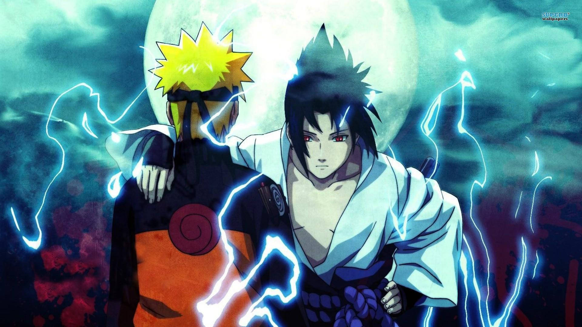 Bakgrunnsbilde av Naruto og Sasuke som venner som støtter hverandre. — Kule anime-GIF Bakgrunner