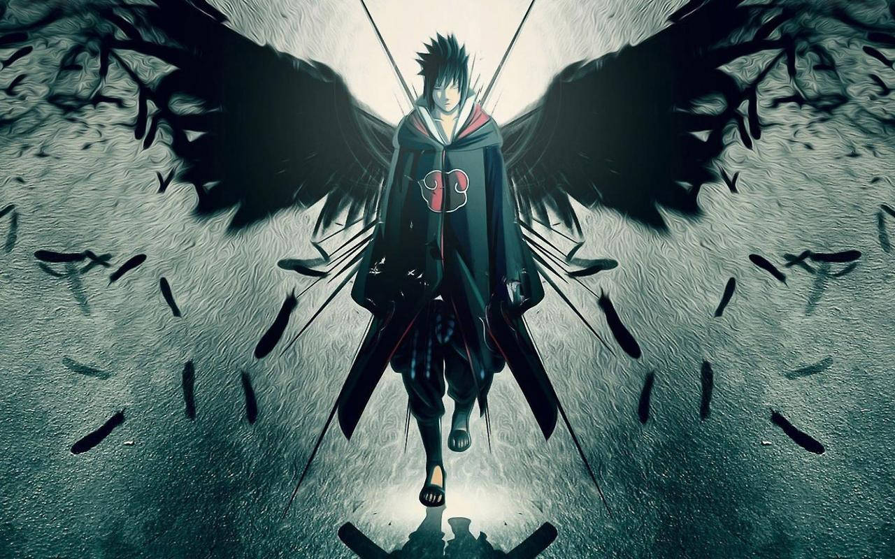 Sasuke Uchiha fra Løvlandsbyen går i mørket med svarte vinger fanart.