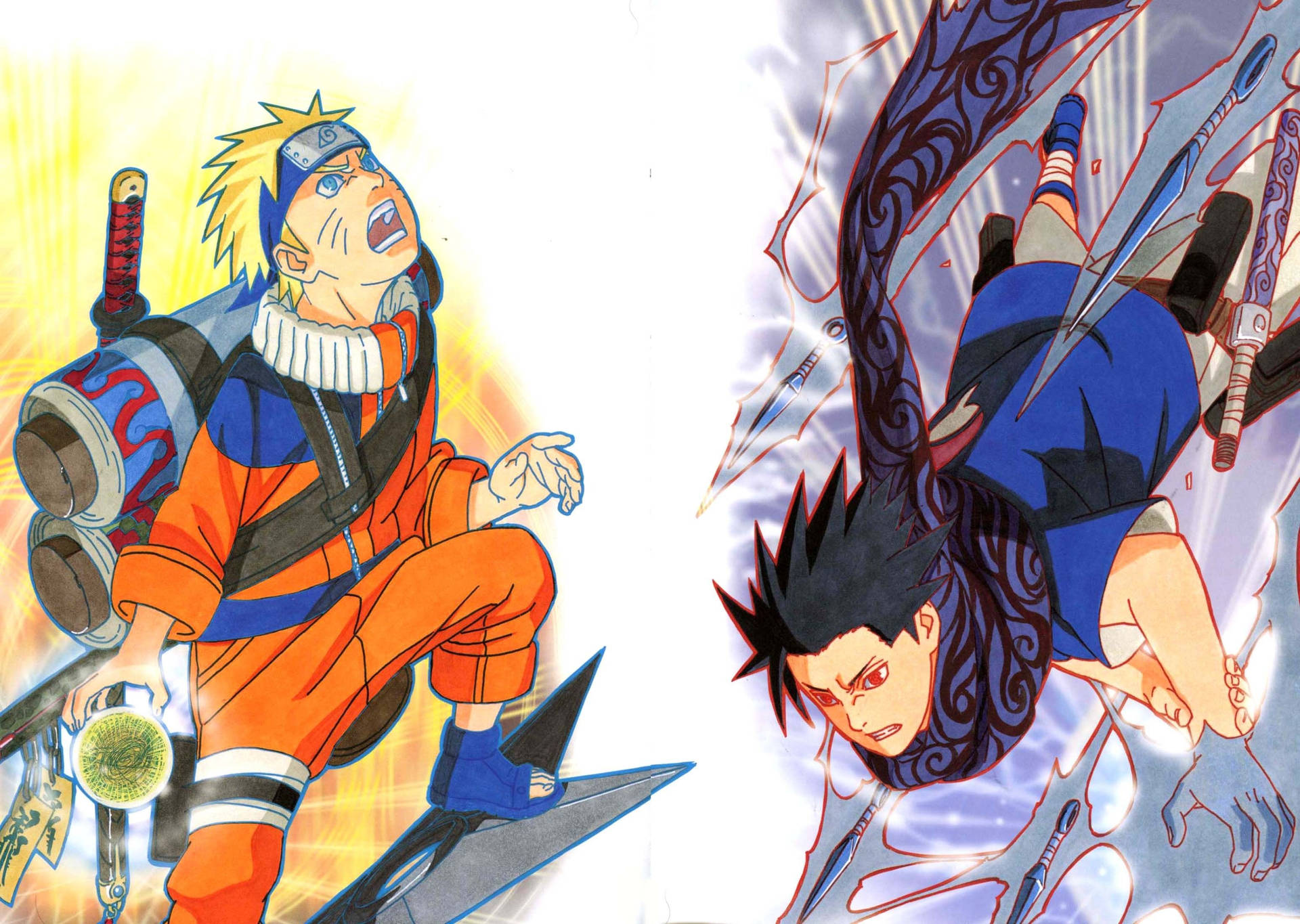 Naruto og Sasuke chakratrening med shuriken og kunai.