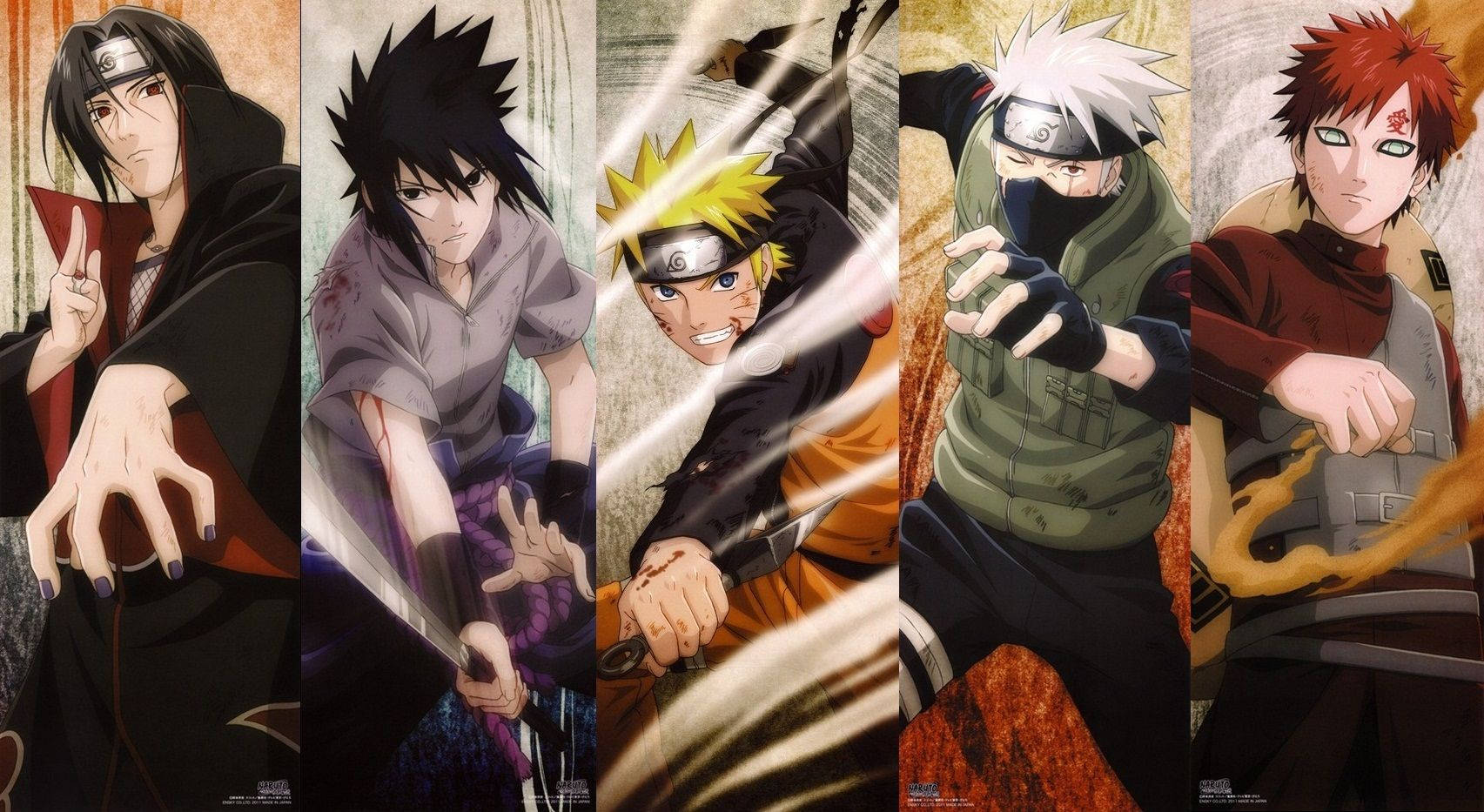 Sasuke, Naruto, Kakashi og Gaara som viser sine krefter eller chakra.