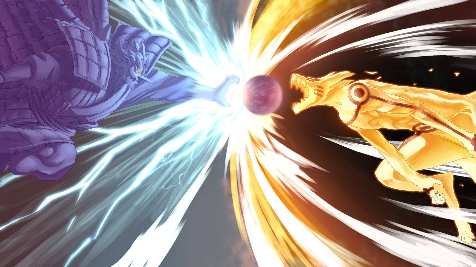 Bakgrunnsbilde av Narutos Kurama-modus mot Sasukes Susanoo chakra-modus.