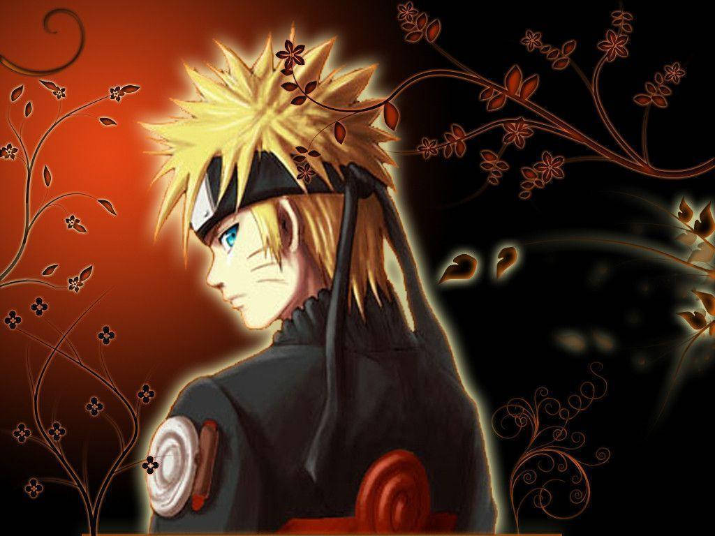 Naruto Uzumaki iført Konoha-uniformen sin i rød og svart bakgrunn med vinranker og blomster.