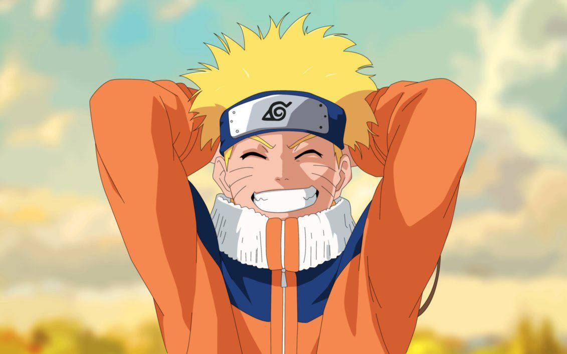 Smilende Naruto Uzumaki i sin ninjauniform med pannebåndet med Løvlandsbyens symbol.