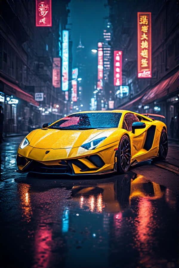 Neon gul Lamborghini om natten futuristisk 4K bylys portrettbakgrunn Bakgrunner