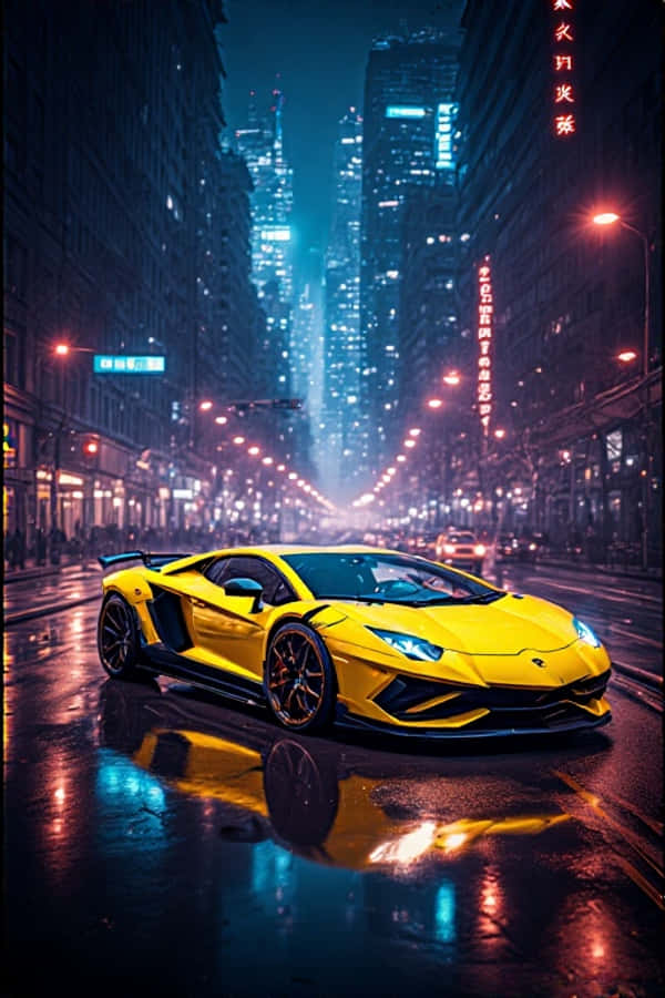 Neongul Lamborghini om natten futuristisk 4K bylys portrett bakgrunnsbilde Bakgrunner