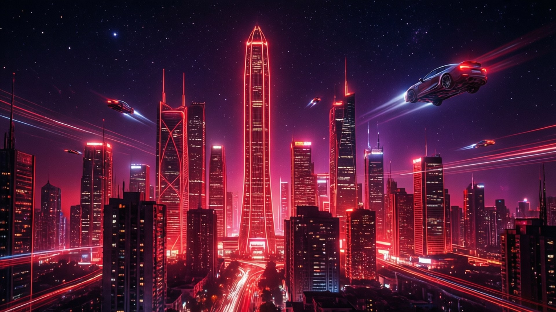 Neonrød cyberpunk-skyline Bakgrunner