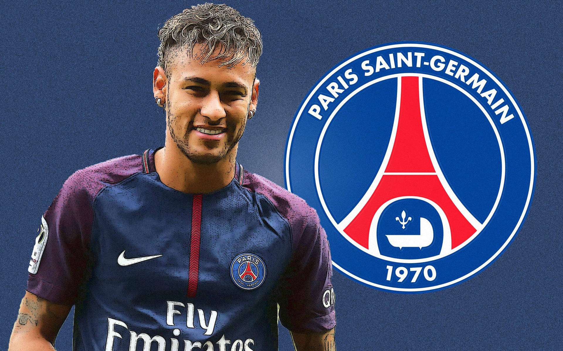 Neymar med PSG-logo fan art bakgrunn.