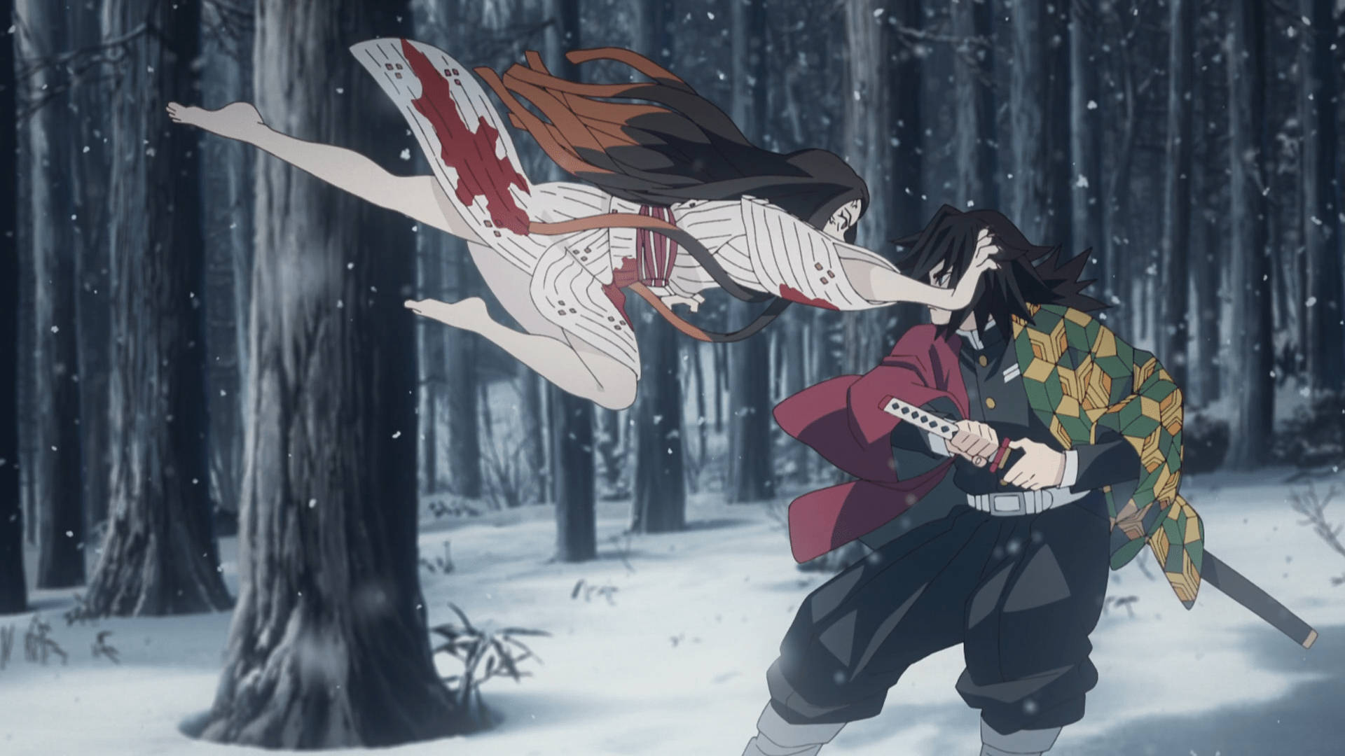 Demon Slayer-bakgrunnsbilde av Nezuko som angriper Water Hashira, Giyu Tomioka.