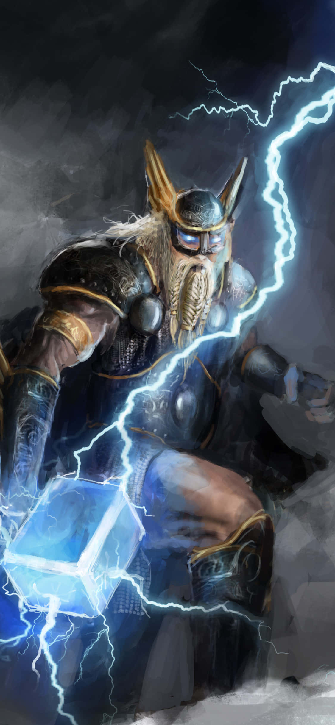 Odin sittende på sin trone, innrammet av mystiske skyer og opplyst av en ukjent kilde. Bakgrunner