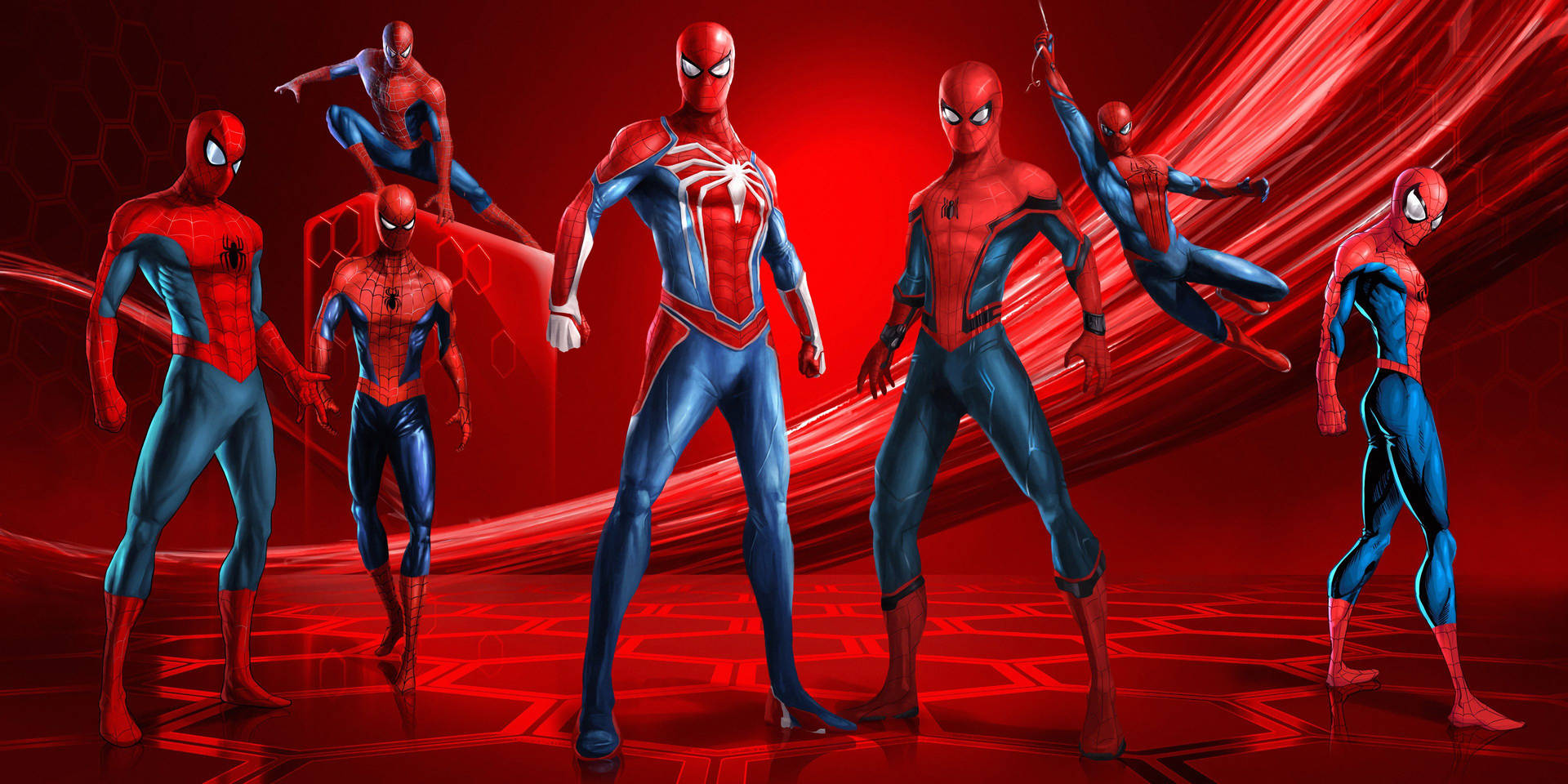 Flere stående og hengende Spider-Man-figurer på en rød bakgrunn, Marvel-superhelter.