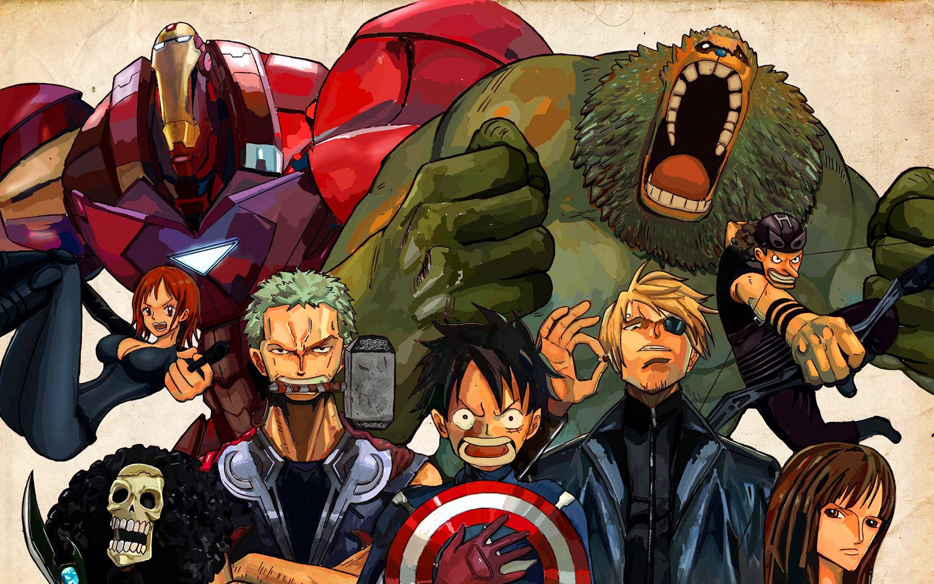 One Piece piratmannskap crossover Marvel superhelter bakgrunnsbilde.