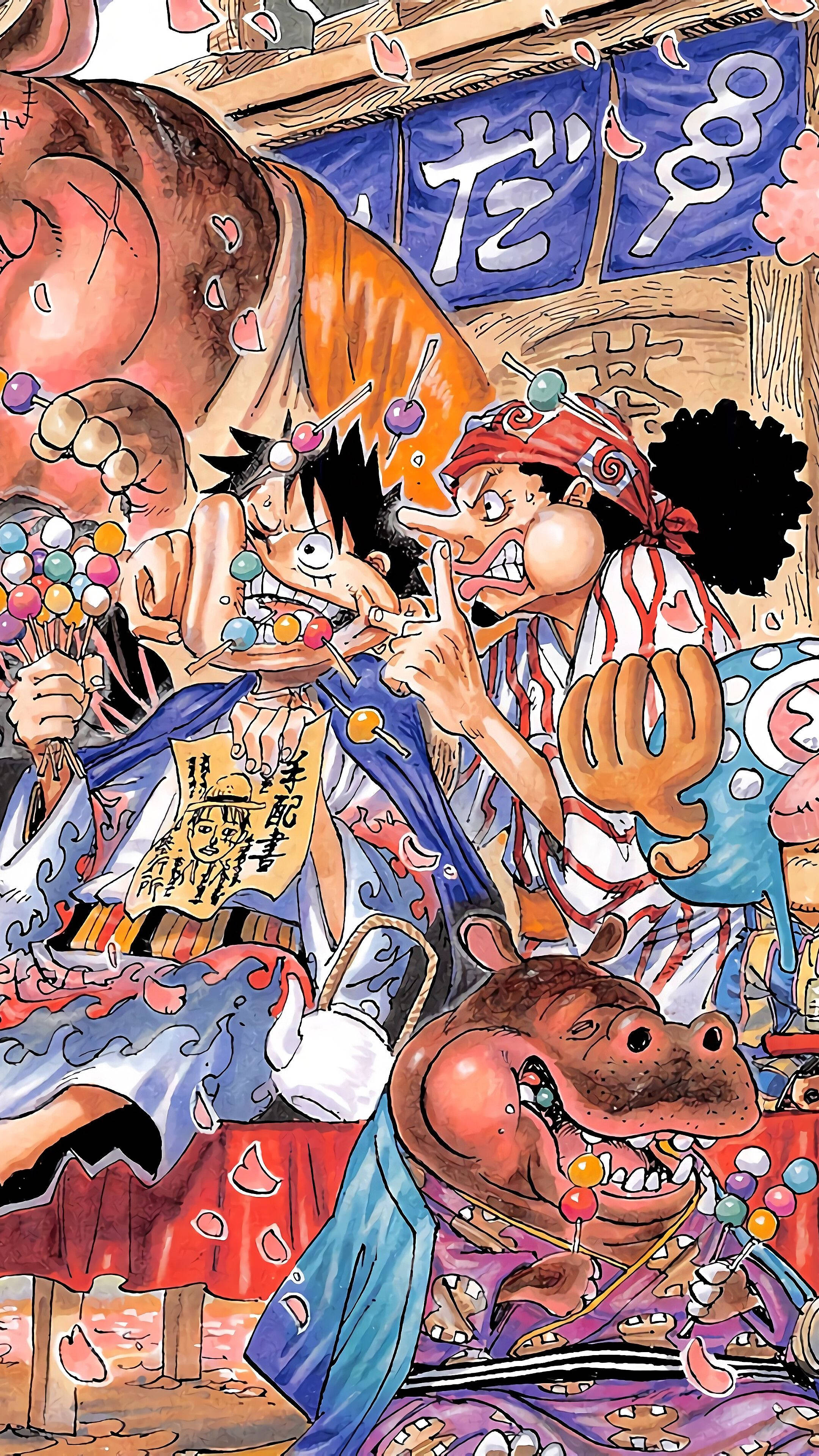 One Piece Telefon Luffy og Usopp spiser dango Bakgrunner