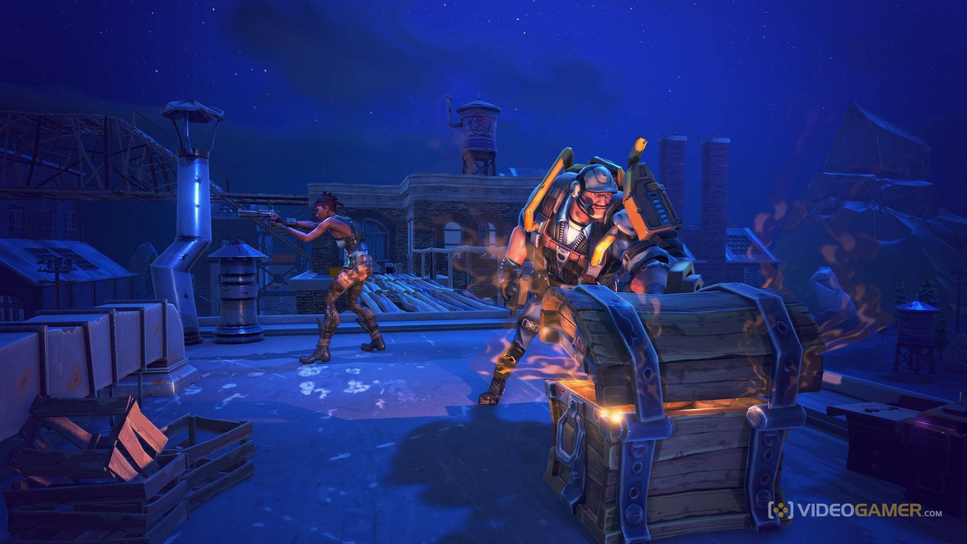 To spillere som finner en skattekiste i Fortnite bakgrunnsbilde.