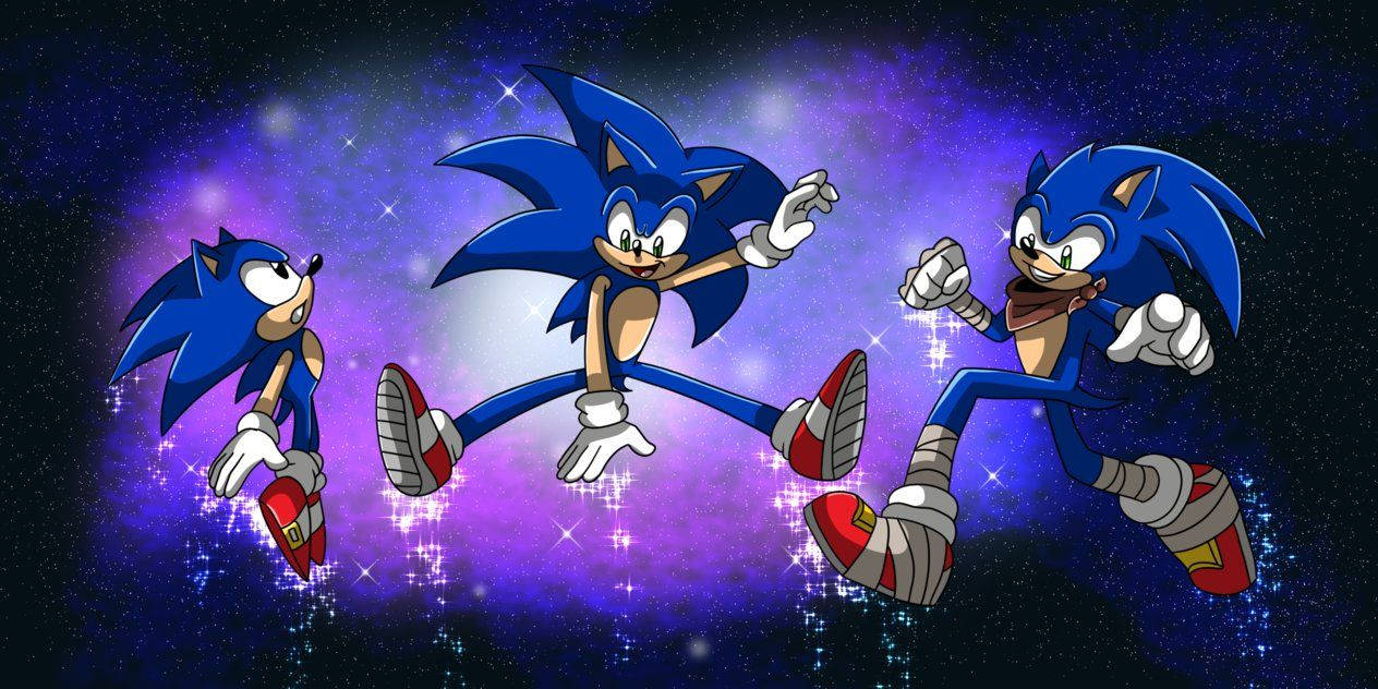 Bakgrunnsbilde av Sonic i tre dynamiske akter.