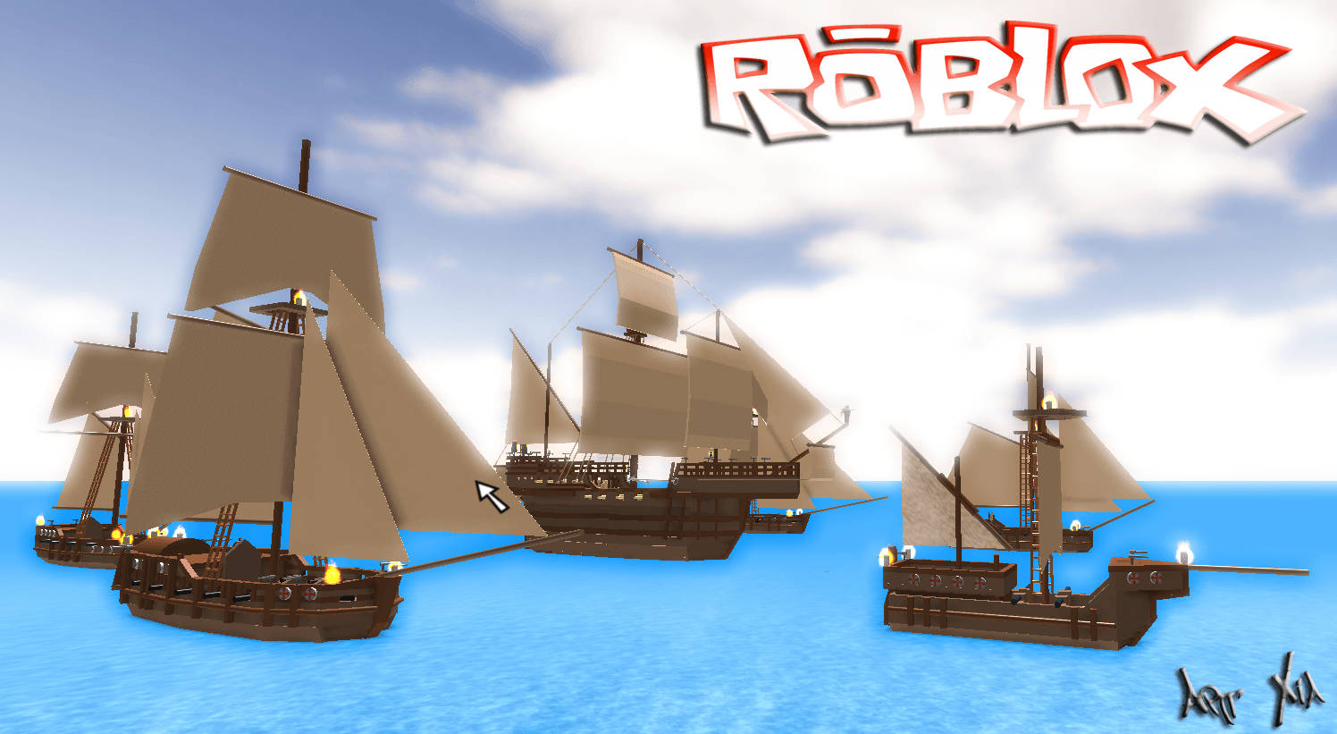 Fantastisk 3D-bakgrunnsbilde av piratskip i online-spillet Roblox.