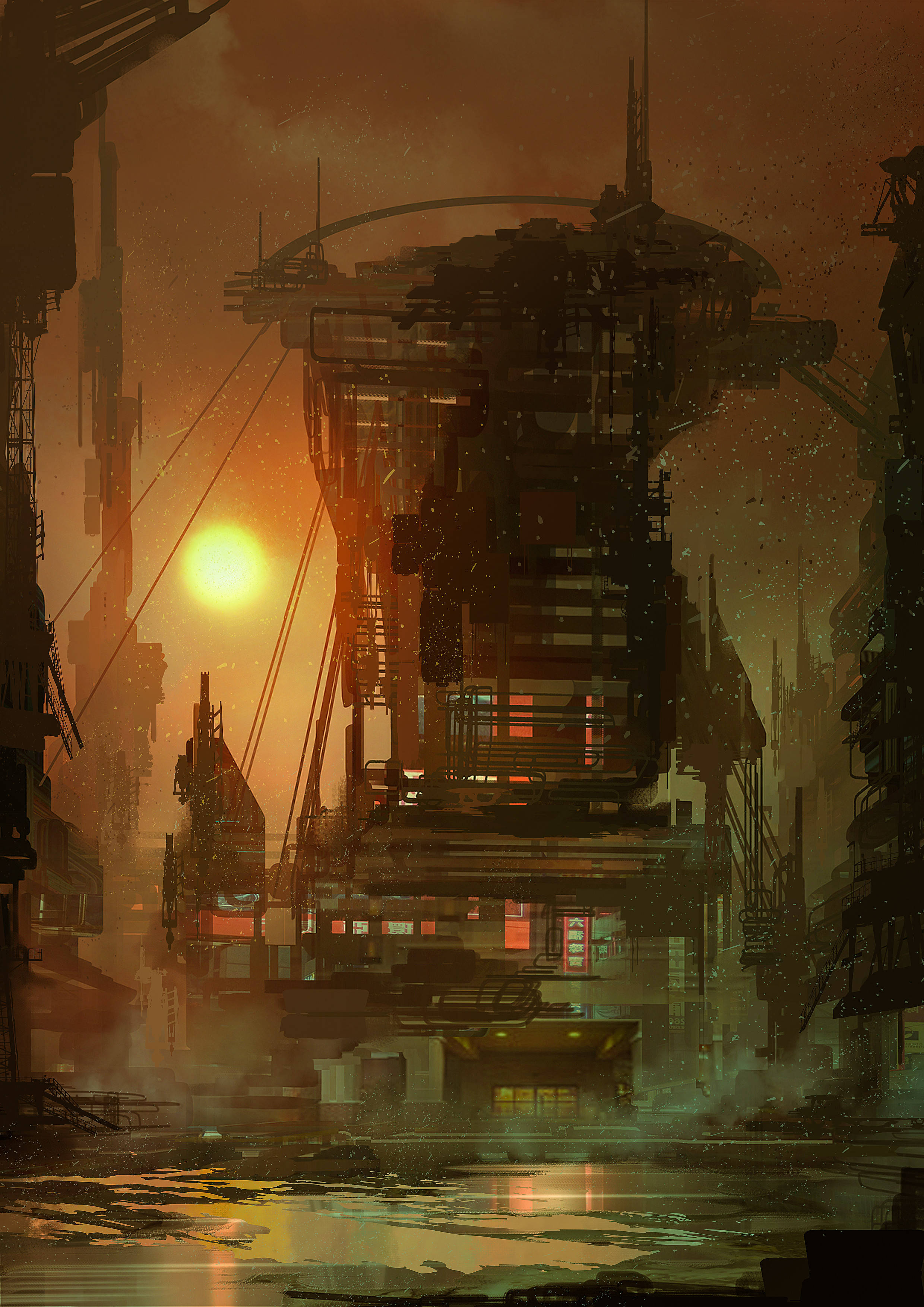 Opplyst steampunk-bygning udødeliggjort ved solnedgang Bakgrunner