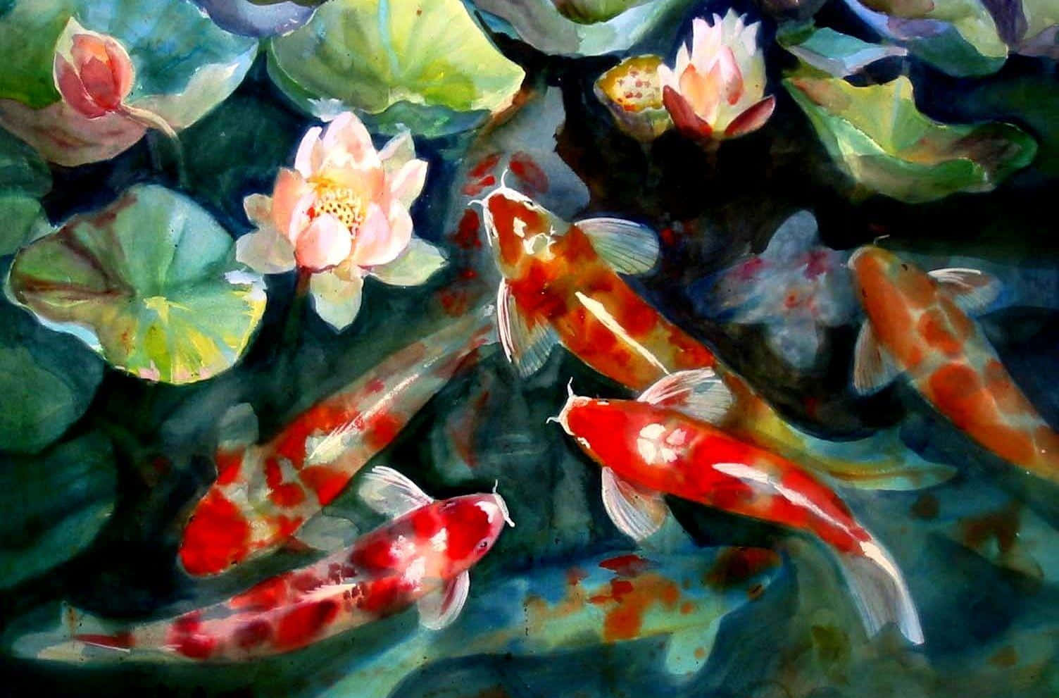 Oransje levende koi karpe og lotus Bakgrunner