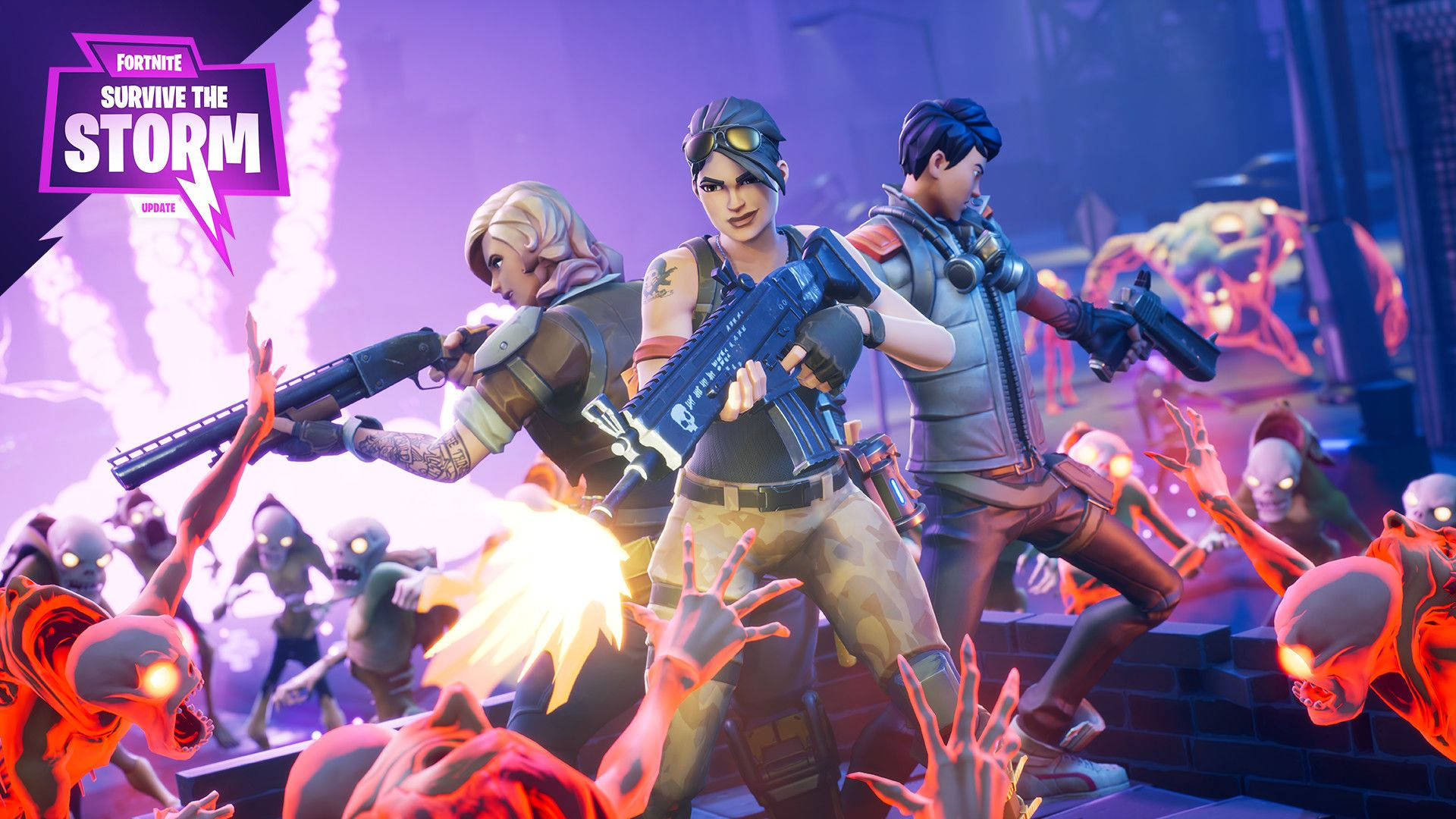 To kvinner og en fyr som kjemper mot monstre fra Fortnite Survive The Storm HD-bakgrunn.