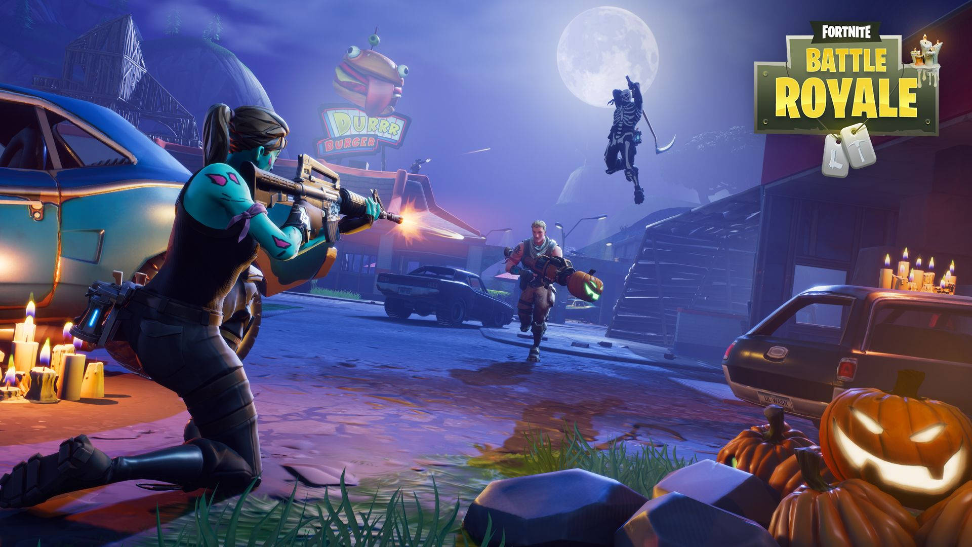 En kamp om natten mellom tre karakterer i Fortnite bakgrunnsbilde.
