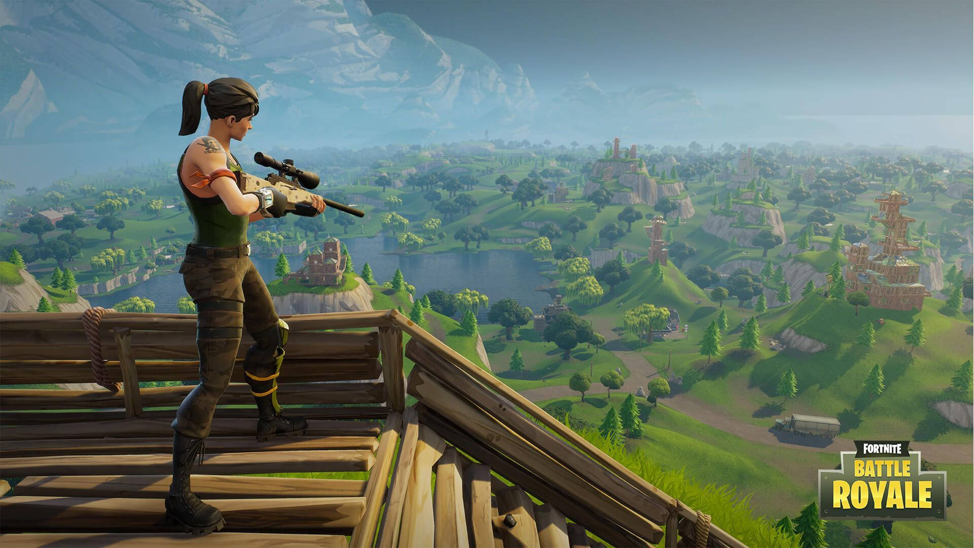 En kvinnelig soldat holder en snikskytter for å lete etter et mål på bakken i spillet Fortnite Battle Royale bakgrunnsbilde.
