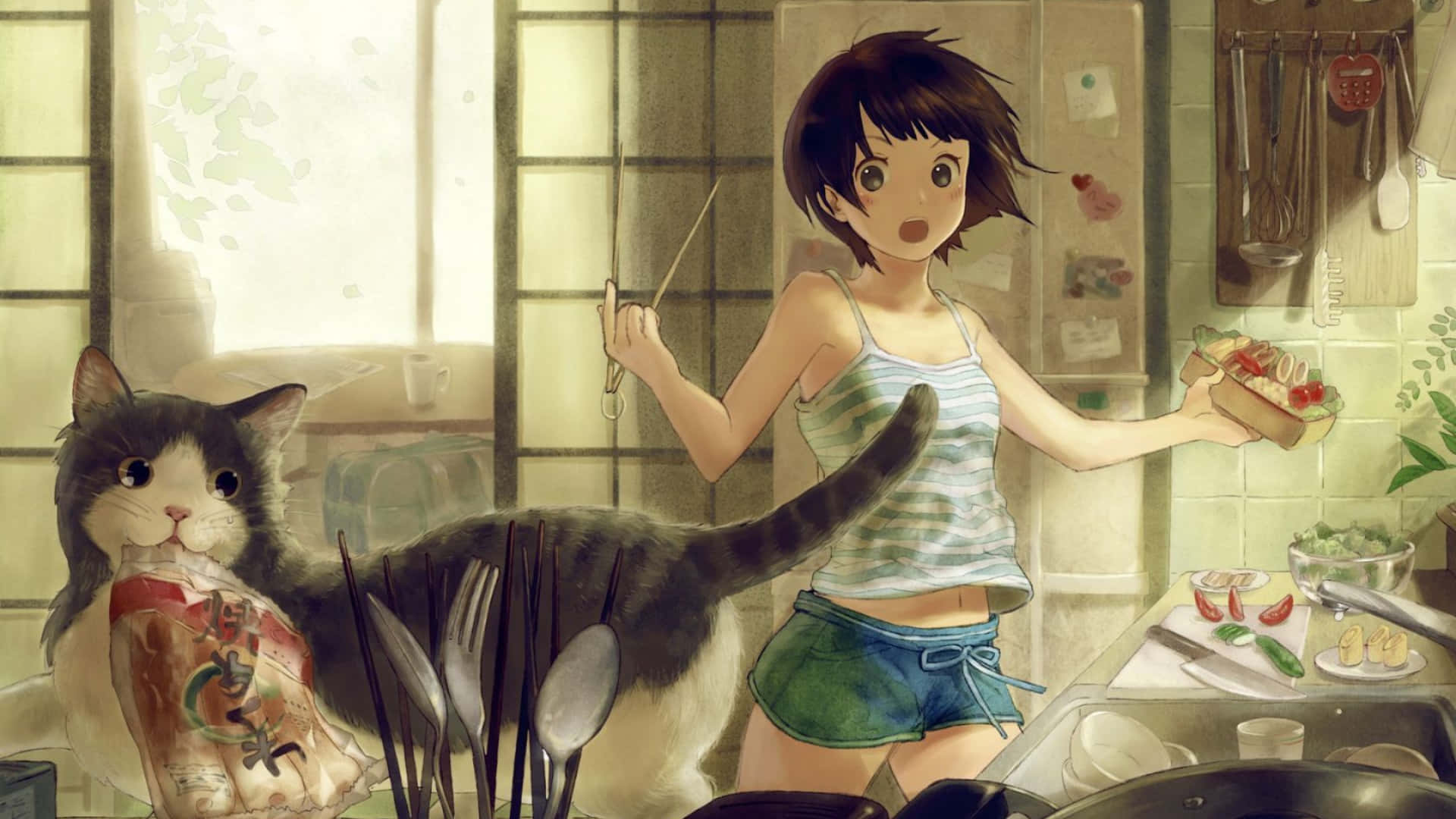 Overrasket Anime Jente 1920x1080 Kjøkken Bakgrunn Bakgrunner