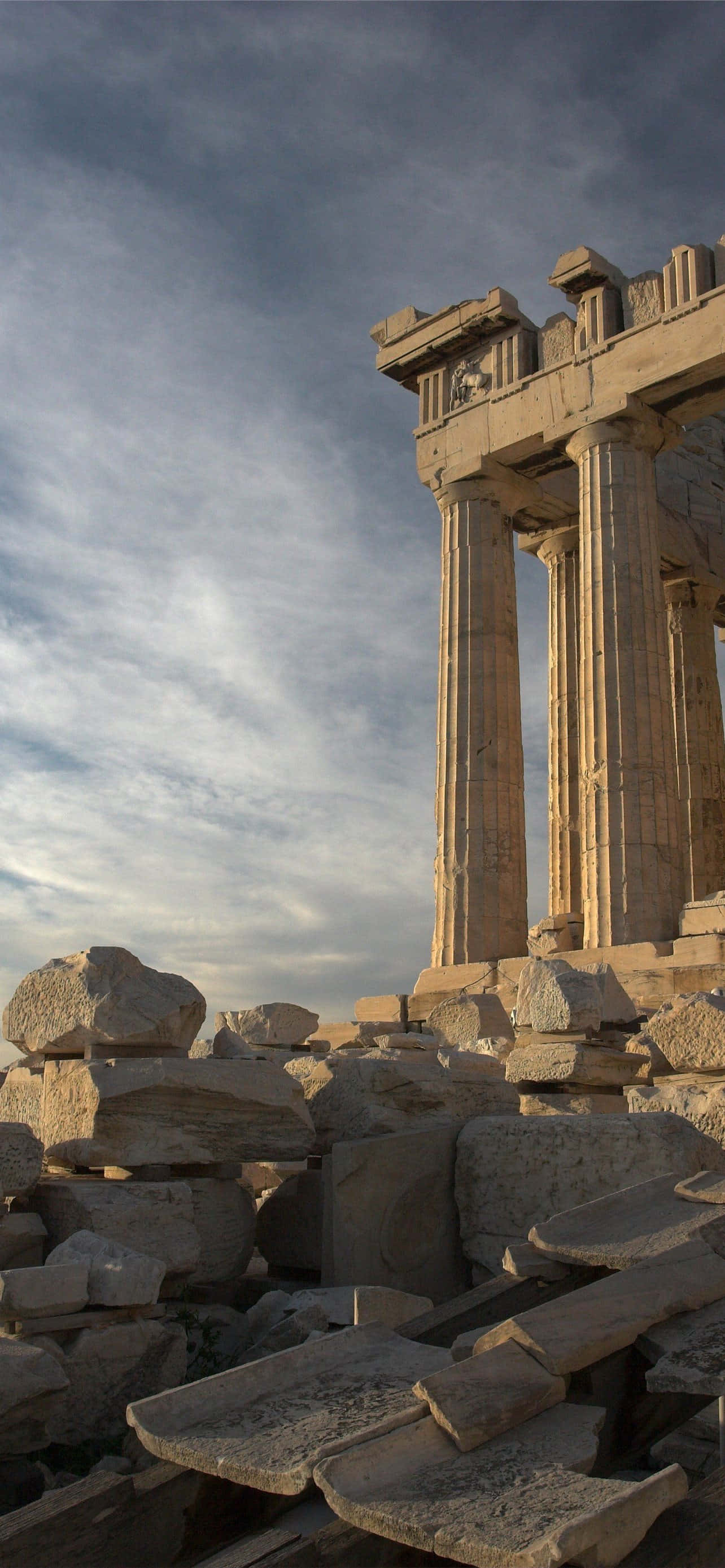 Parthenon-rusler og rester i Akropolis Bakgrunner