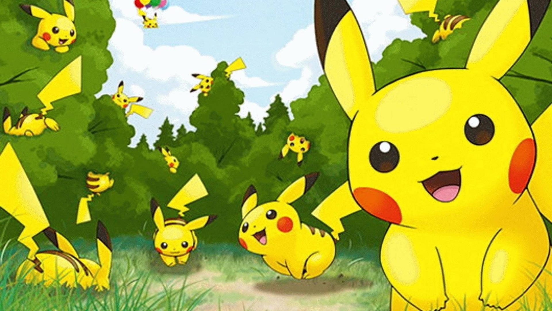 Bakgrunnsbilde av Pikachu-kloner som leker rundt buskene.