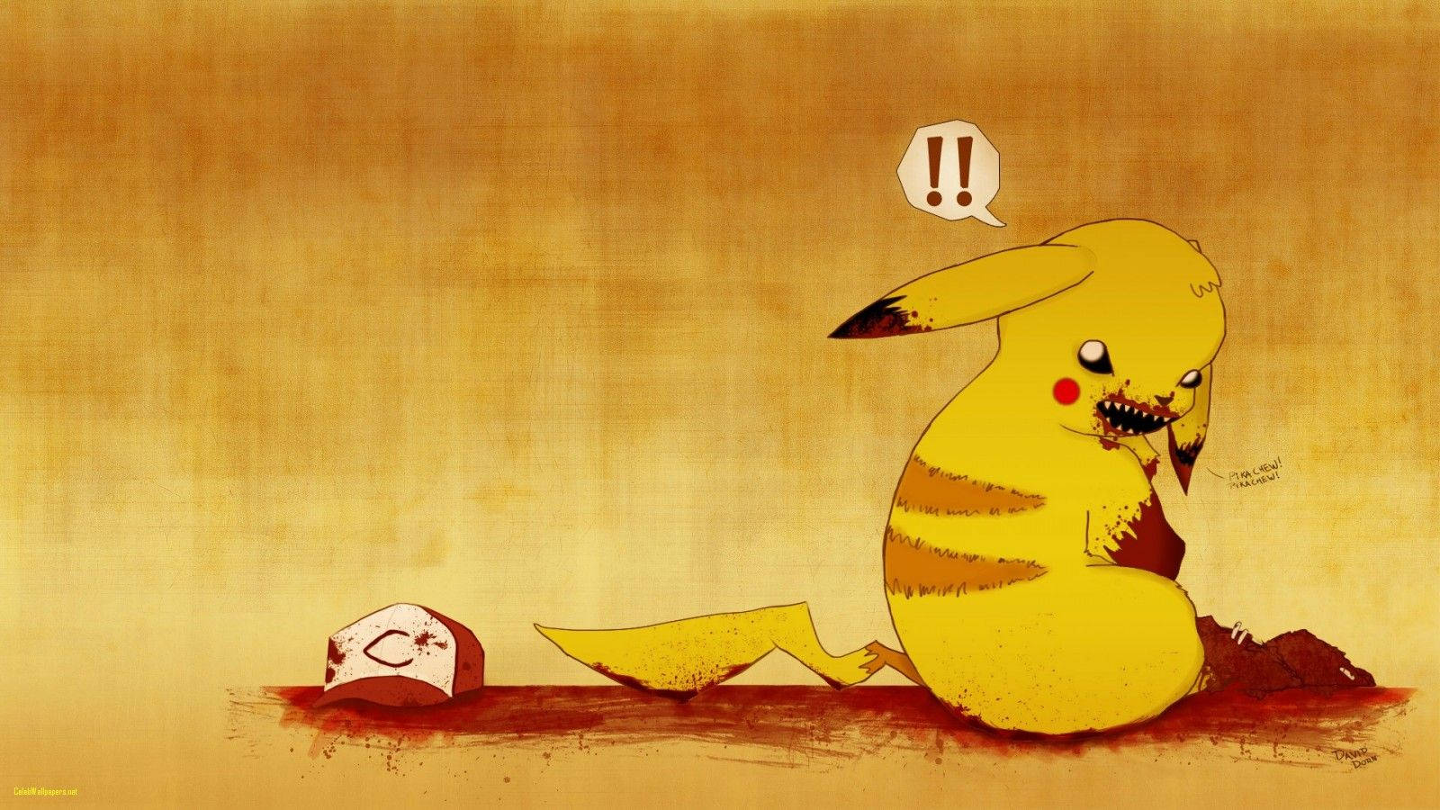 Bakgrunnsbilde av en mørk Pikachu fan-kunst hvor den spiser treneren sin Ash.
