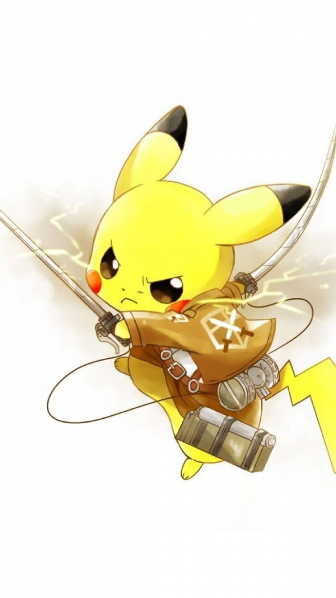 Bakgrunnsbilde av Pikachu iført Attack on Titan-utstyr og Treningskorps-jakke.